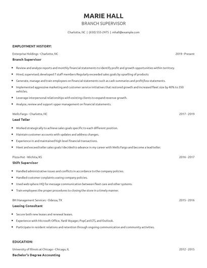 Branch Supervisor Resume