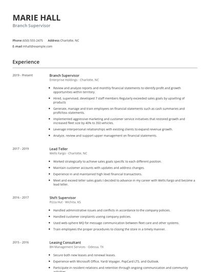 Branch Supervisor Resume
