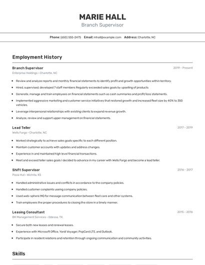 Branch Supervisor Resume