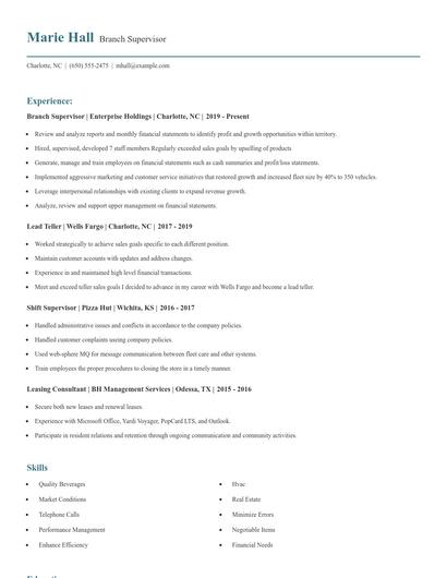 Branch Supervisor Resume