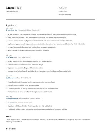 Branch Supervisor Resume