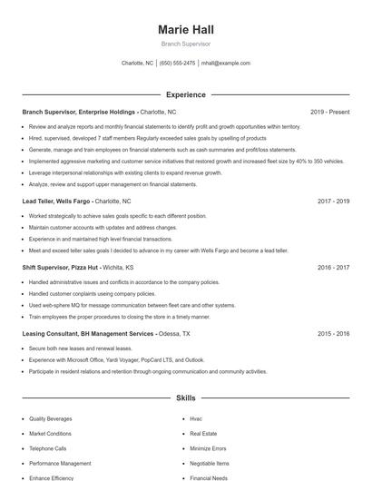Branch Supervisor Resume