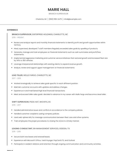 Branch Supervisor Resume