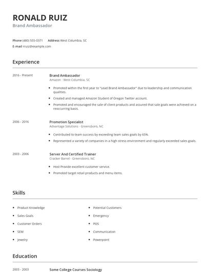 Brand Ambassador Resume
