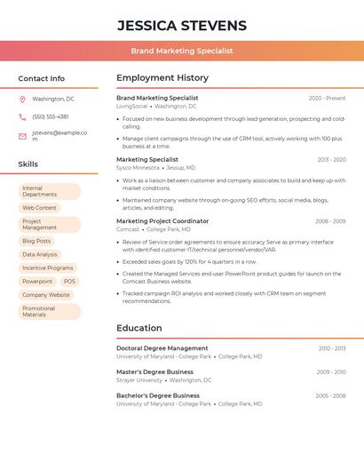 Brand Marketing Specialist Resume