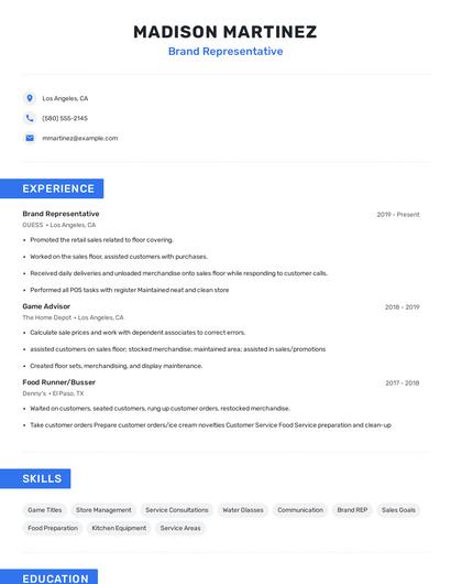 Brand Representative Resume