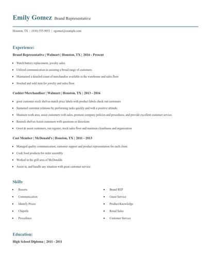 Brand Representative Resume