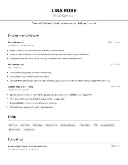 Braze Operator Resume