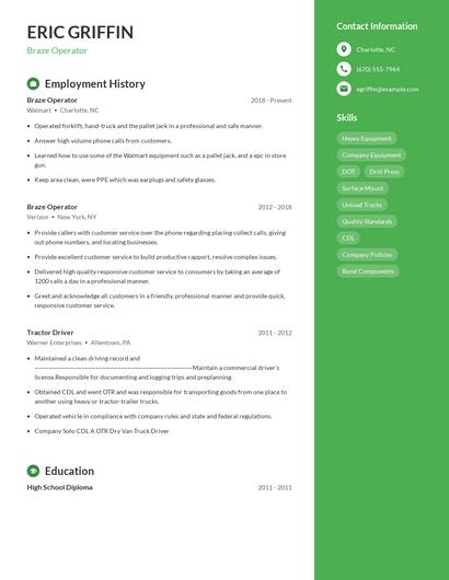Braze Operator Resume