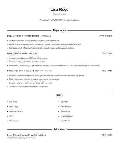 Braze Operator Resume