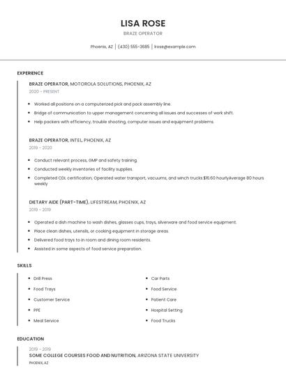 Braze Operator Resume
