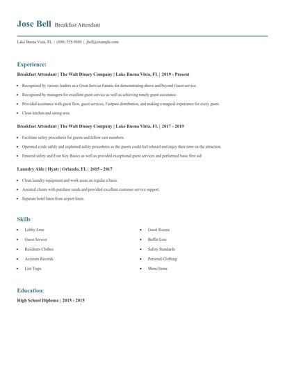 Breakfast Attendant Resume