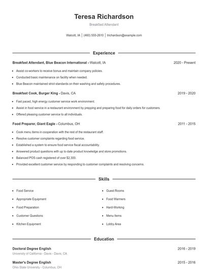 Breakfast Attendant Resume