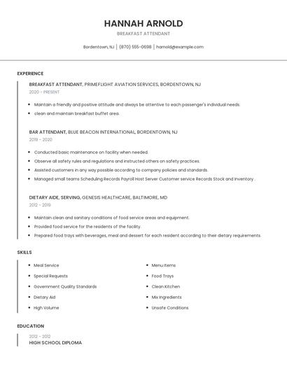 Breakfast Attendant Resume