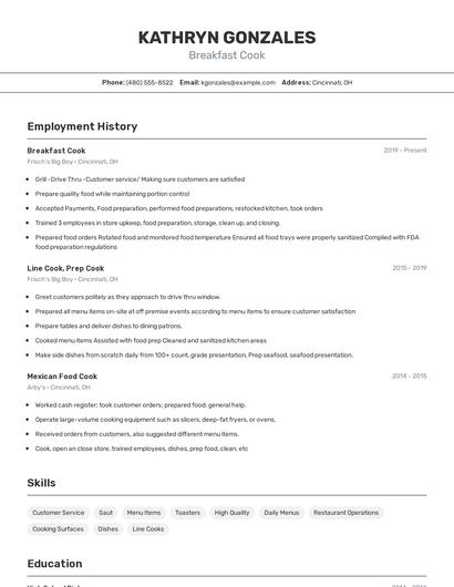 Breakfast Cook Resume