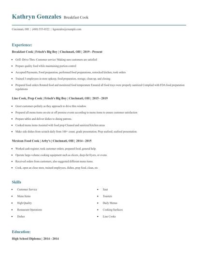 Breakfast Cook Resume