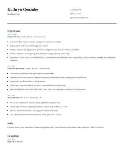 Breakfast Cook Resume