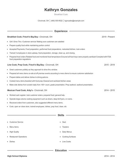 Breakfast Cook Resume