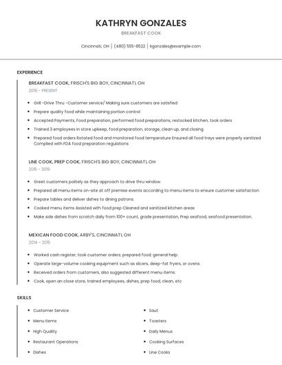 Breakfast Cook Resume