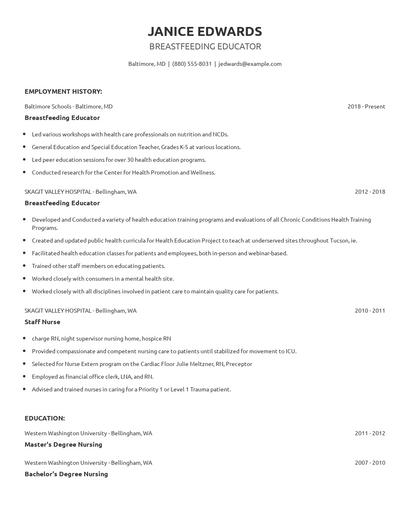Breastfeeding Educator Resume