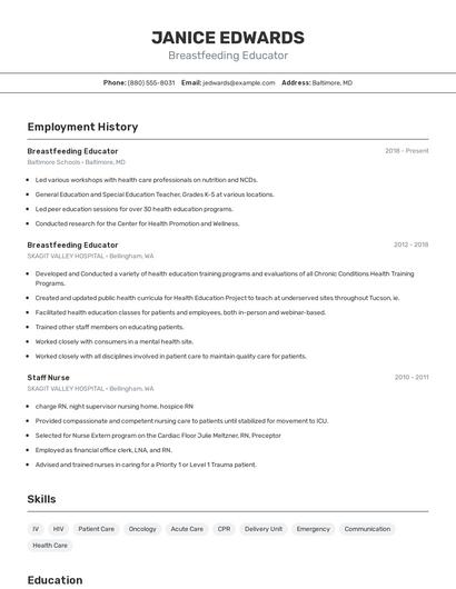 Breastfeeding Educator Resume