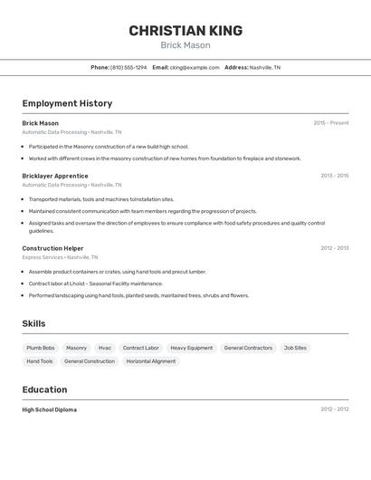 Brick Mason Resume