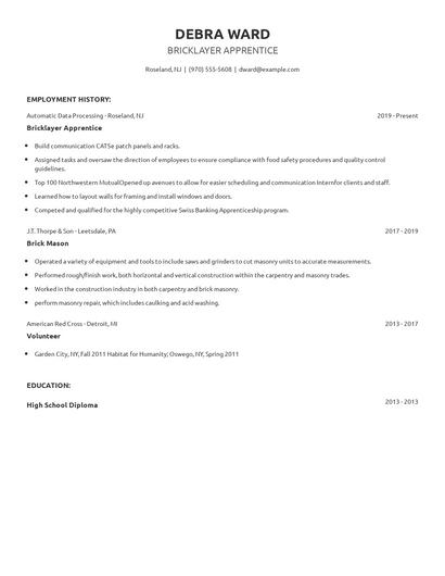Bricklayer Apprentice Resume