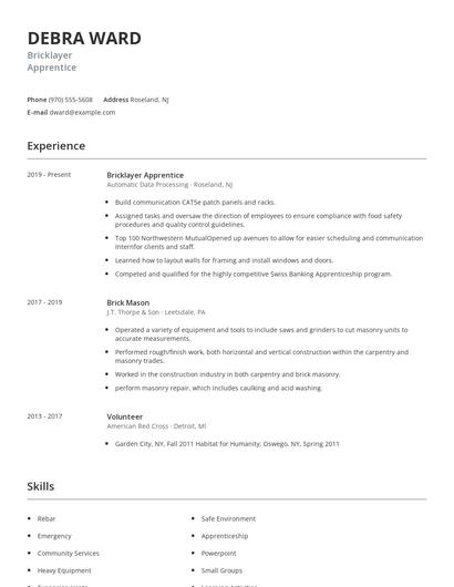 Bricklayer Apprentice Resume
