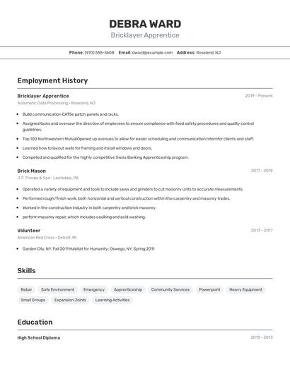 Bricklayer Apprentice Resume