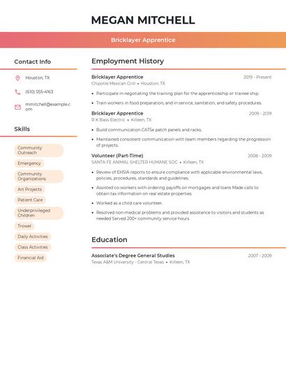 Bricklayer Apprentice Resume