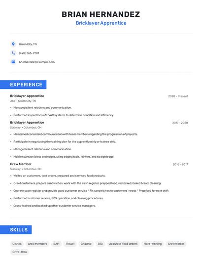 Bricklayer Apprentice Resume