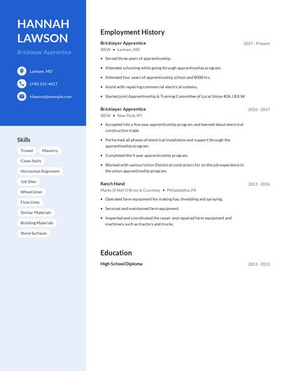 Bricklayer Apprentice Resume