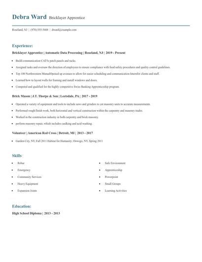 Bricklayer Apprentice Resume