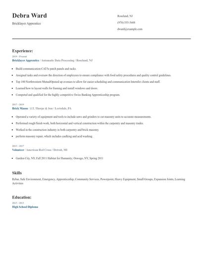 Bricklayer Apprentice Resume