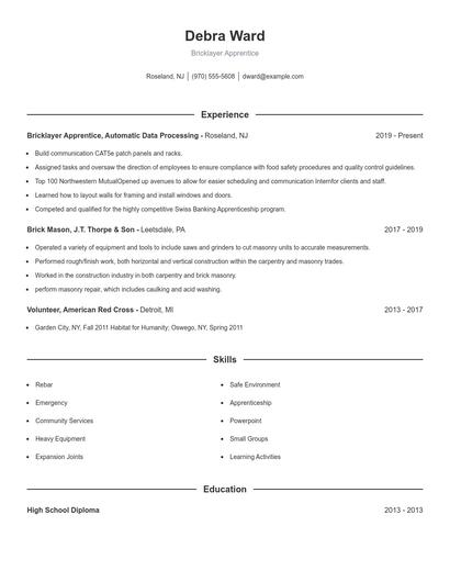 Bricklayer Apprentice Resume