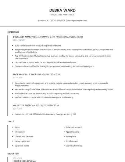 Bricklayer Apprentice Resume
