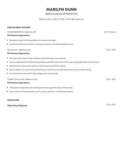 Brickmason Apprentice Resume