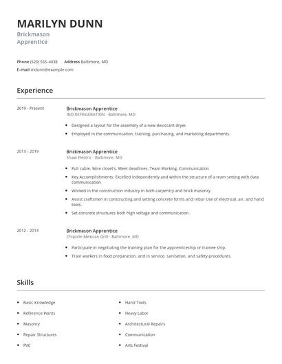 Brickmason Apprentice Resume