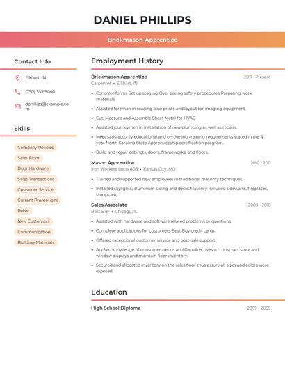 Brickmason Apprentice Resume