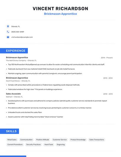 Brickmason Apprentice Resume
