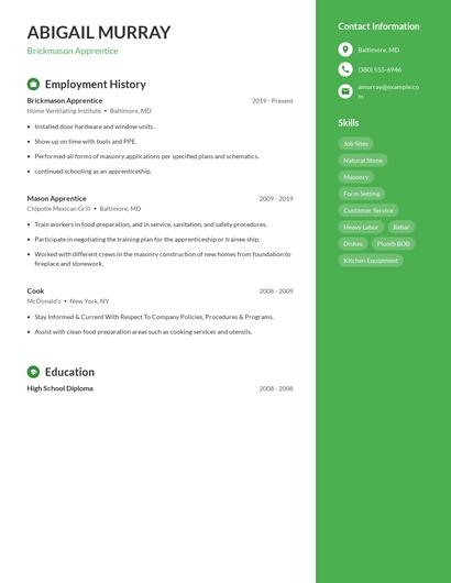 Brickmason Apprentice Resume
