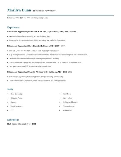 Brickmason Apprentice Resume