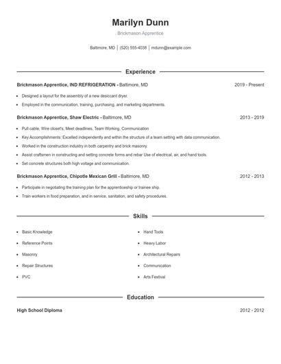 Brickmason Apprentice Resume