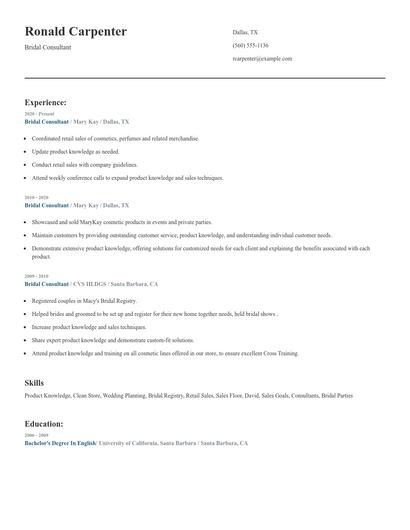 Bridal Consultant Resume