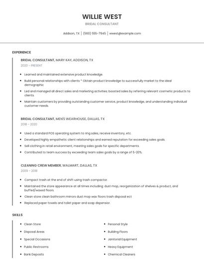 Bridal Consultant Resume