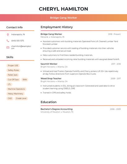 Bridge Gang Worker Resume
