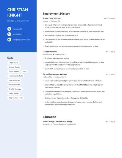 Bridge Gang Worker Resume
