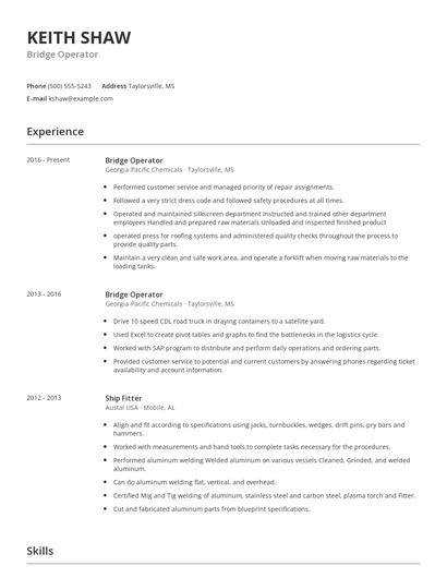 Bridge Operator Resume