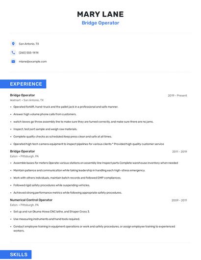 Bridge Operator Resume