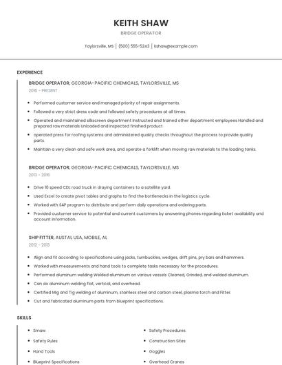 Bridge Operator Resume